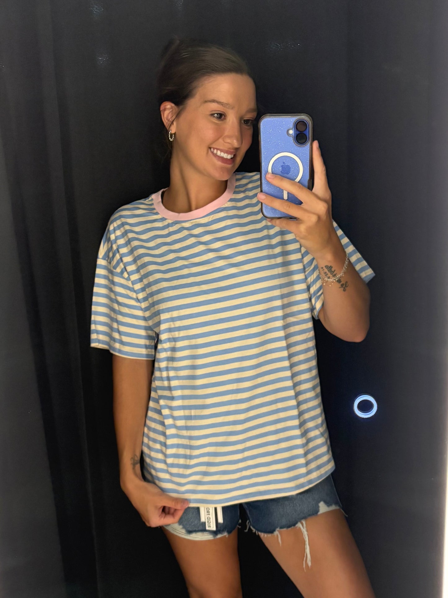 Blue and beige stripe top