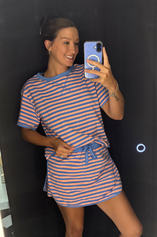 Blue and Coral stripe skort set